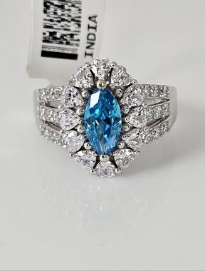 Beautiful Neon Apatite & Diamond Simulant Ring Sterling Silver NWT